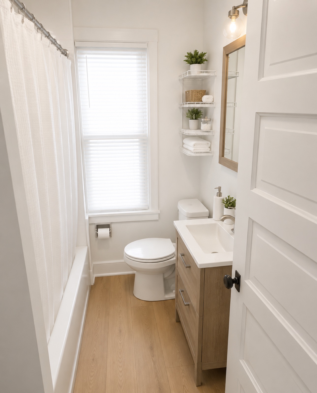 Renovated shared bathroom with shower, vanity, and tile floor