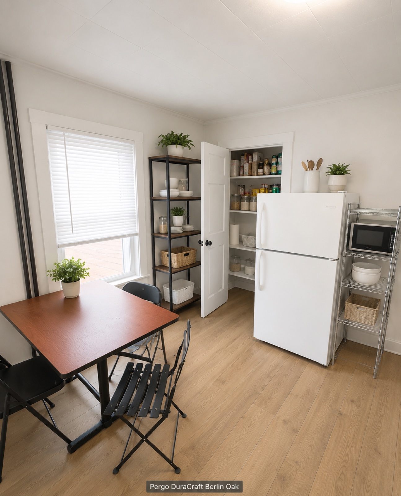 Shared kitchen with table, refrigerator, and open pantry shelving