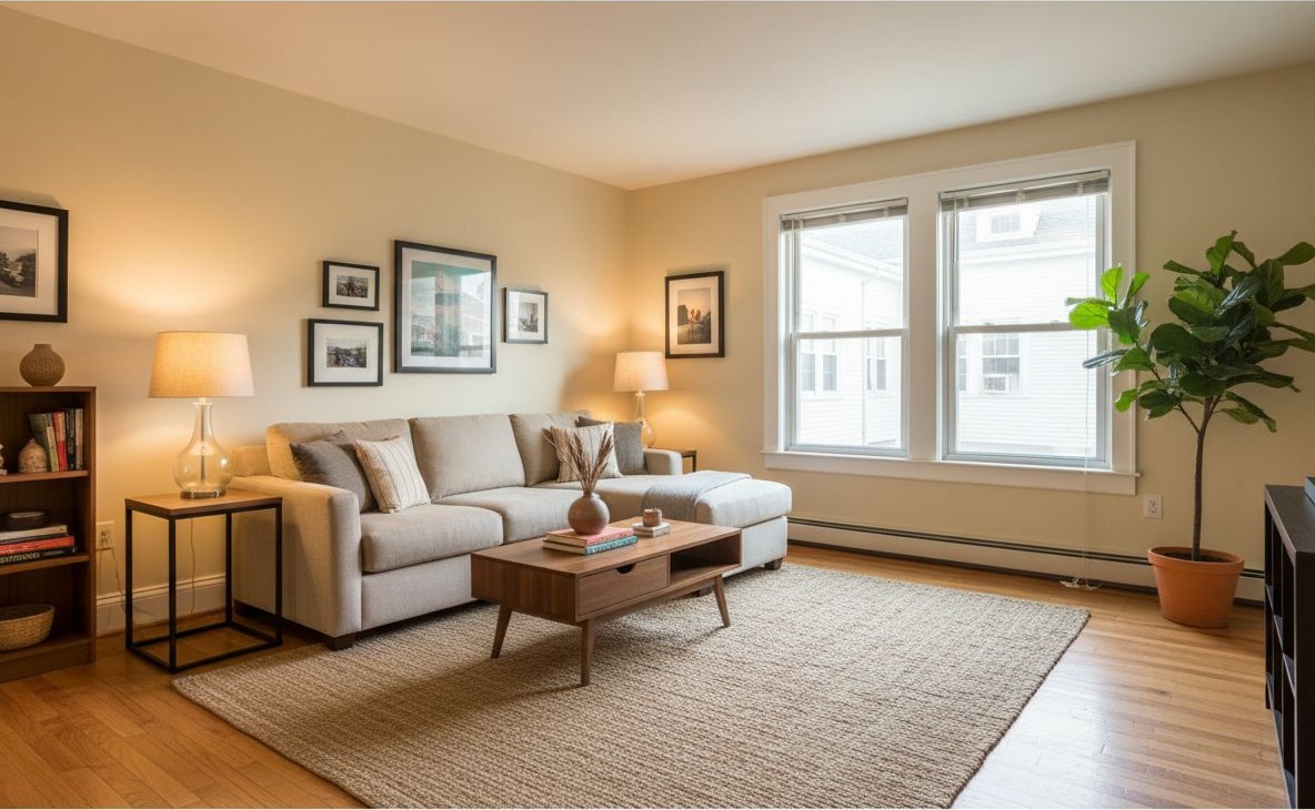 Furnished living room rendering of the 3-bedroom apartment