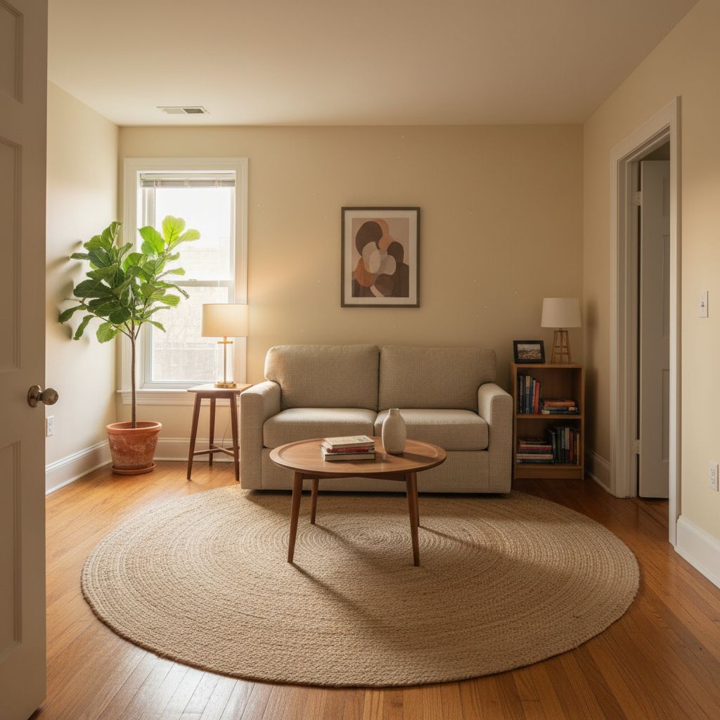 Furnished living room rendering of the 1-bedroom apartment